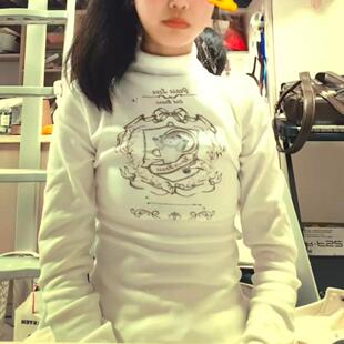 人棉1 印花时尚 百搭长袖 t恤女简约通勤上衣 1螺纹德绒220克韩版