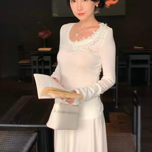 t恤女设计感小众修身 显瘦辣妹风上 复古长袖 人棉螺纹1：1冰丝韩版