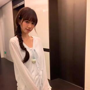 条纹长袖 人棉螺纹1 1春季 新款 复古设计感条纹浅V领上衣 T恤女美式