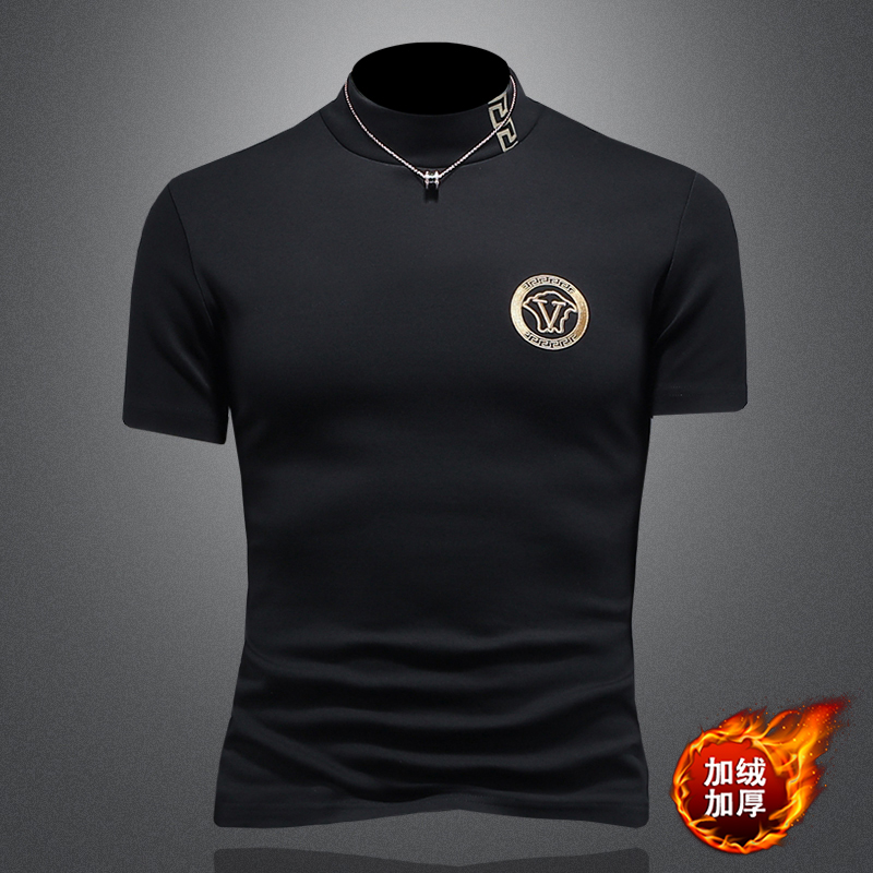 D33236934P80镂空黑色2025秋冬纯棉中领短袖打底衫加绒加厚，男装T恤，电商D332
