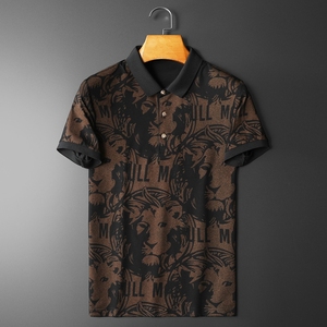 D332 2150 P75 平铺黑咖 2023春夏丝光翻领短袖POLO衫 印花潮,男装Polo衫,电商D332