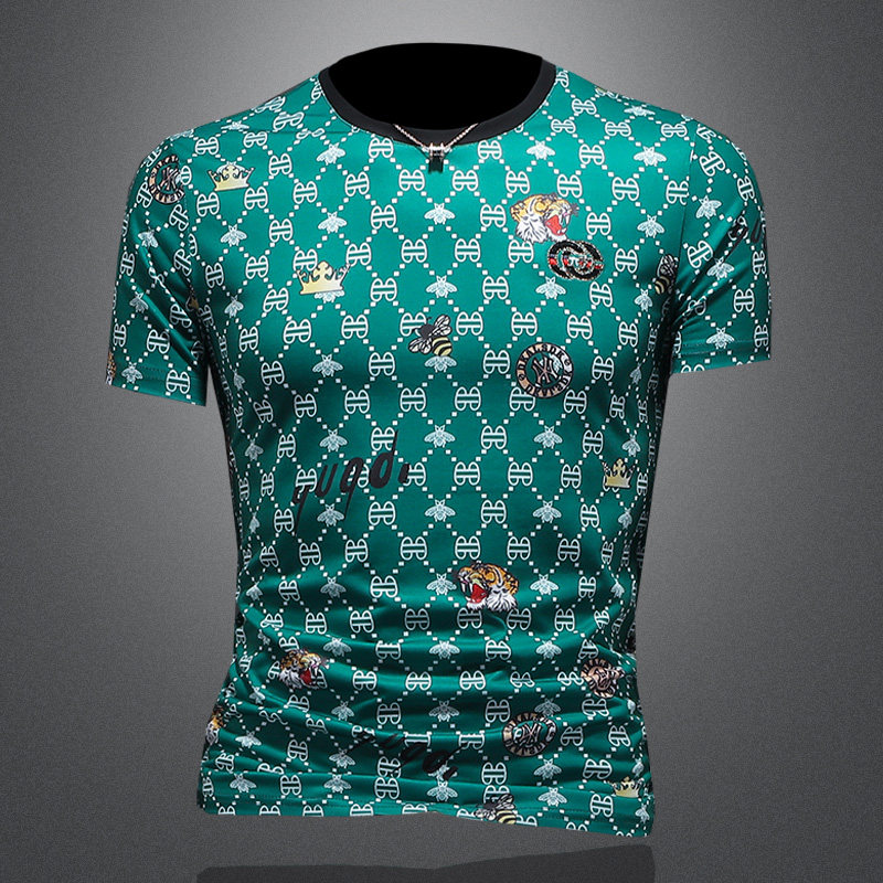 D3328511P70镂空绿色2023春夏丝光圆领短袖T恤印花男潮，男装T恤，电商D332