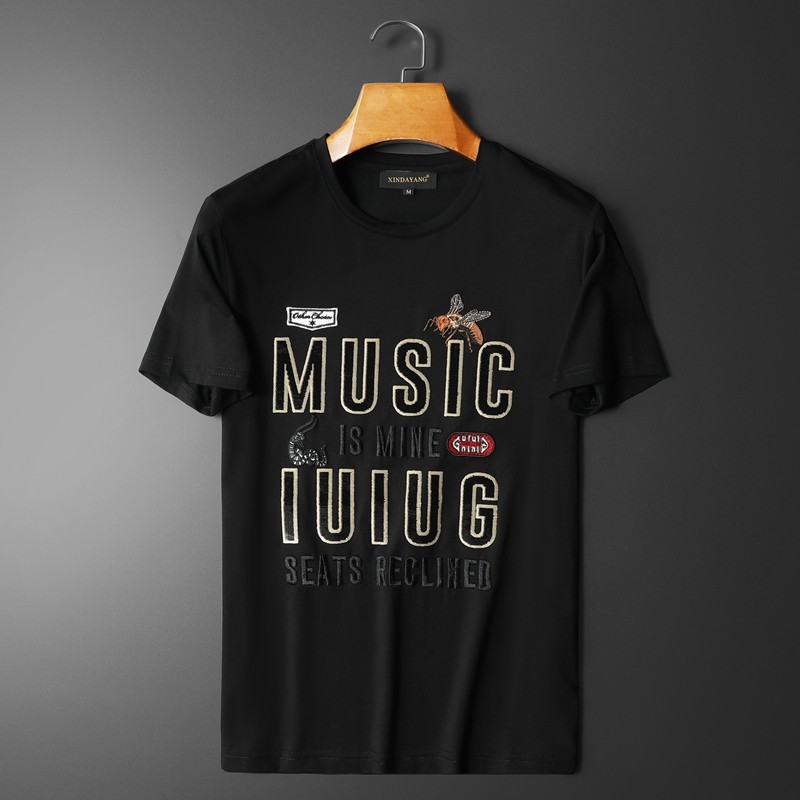 D33222665P75平铺黑色2023春夏丝光棉圆领短袖T恤刺绣男潮，男装T恤，电商D332