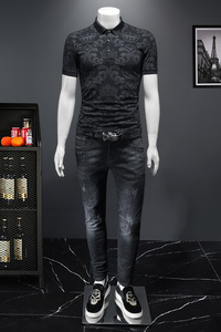 D332 3351 P75 镂空黑色 2023春夏丝光棉翻领短袖POLO衫 印花潮图片