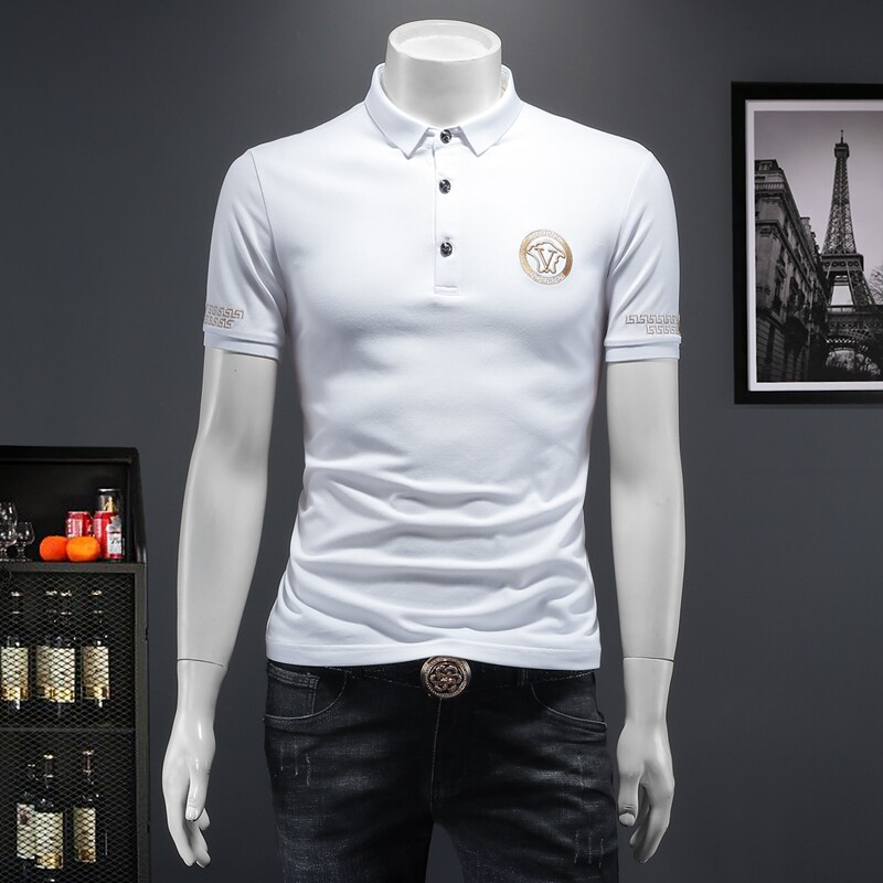 D3322402P75假模白色2024春夏丝光棉翻领短袖POLO衫刺绣潮，男装Polo衫，电商D332