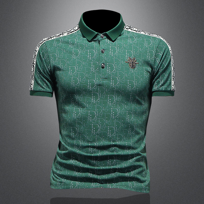 D3323359P80镂空绿色2023春夏丝光翻领短袖POLO衫刺绣潮，男装Polo衫，电商D332