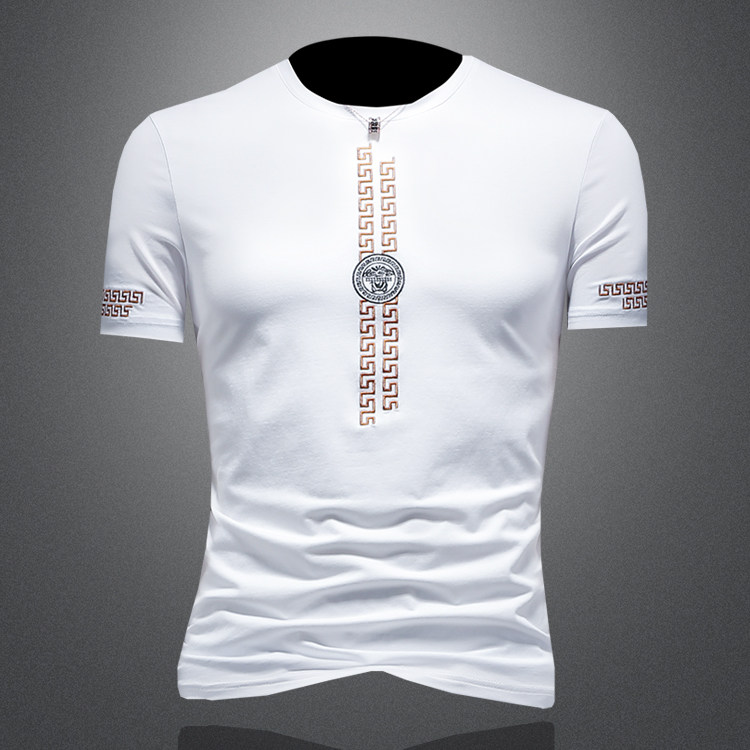 D3322361P75镂空白色2023春夏丝光棉圆领短袖T恤刺绣男潮，男装T恤，电商D332