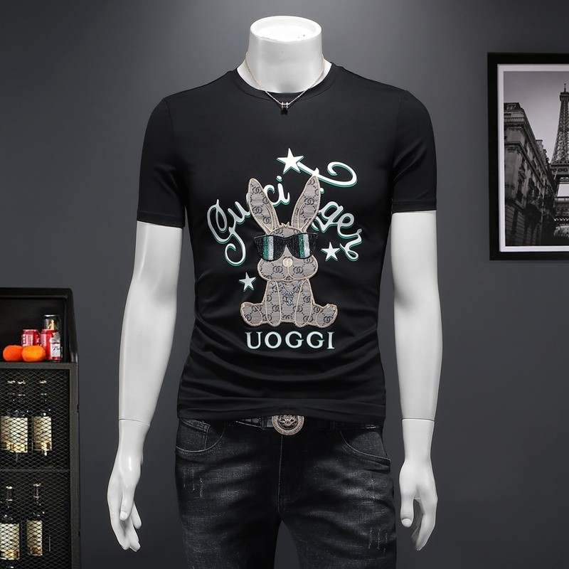 D33287111P75假模黑色2023春夏丝光圆领短袖T恤印花男潮，男装T恤，电商D332