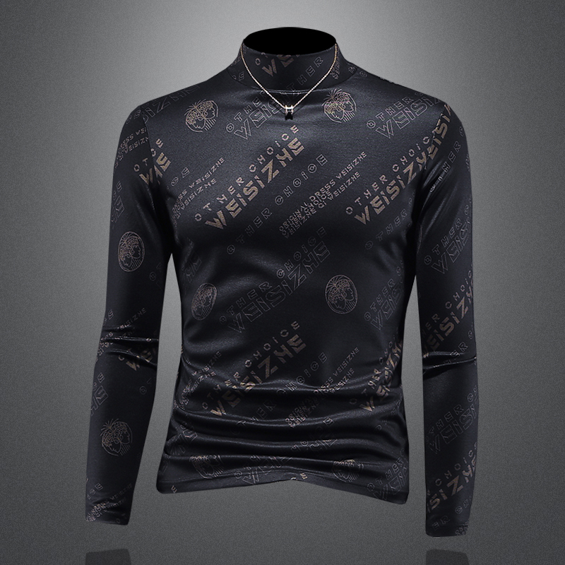 D33287412P100镂空黑咖2024秋冬天丝棉中领长袖打底衫加厚潮，男装T恤，电商D332