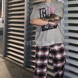宽松直筒阔腿休闲长裤 EVENING 男款 复古格子裤 子 GLOW美式