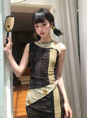 2026古着感复古格纹波点无袖连衣裙子女夏收腰修身拼接中长裙