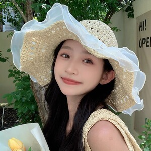 夏天蕾丝草帽显脸小防紫外线帽子防晒帽拍照帽海边帽遮阳帽太阳帽