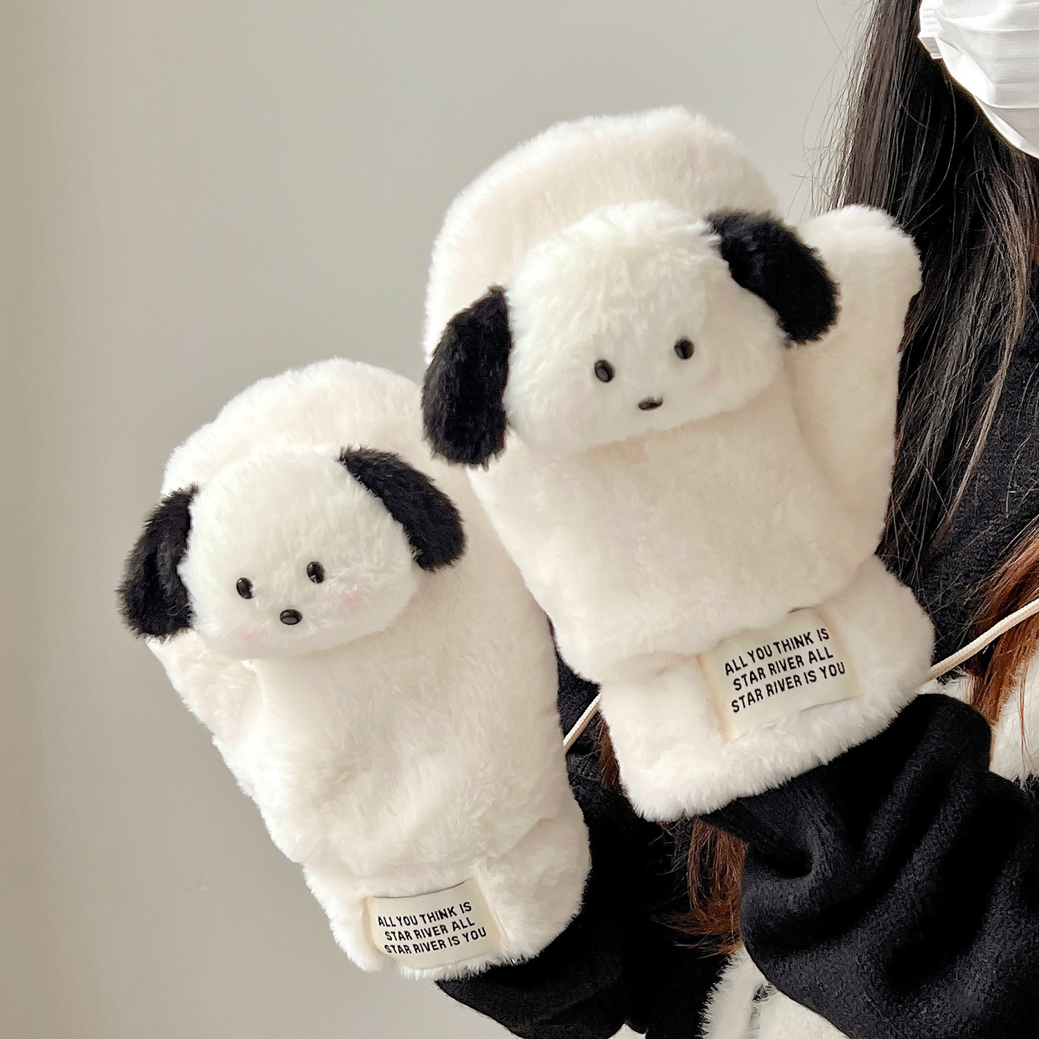 可爱小狗手套冬季女生毛茸茸连指棉手套学生挂脖加绒加厚防风防寒