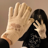 可爱猫爪手套可触屏棉手套秋冬季 分指手套学生骑行加绒五指手套女