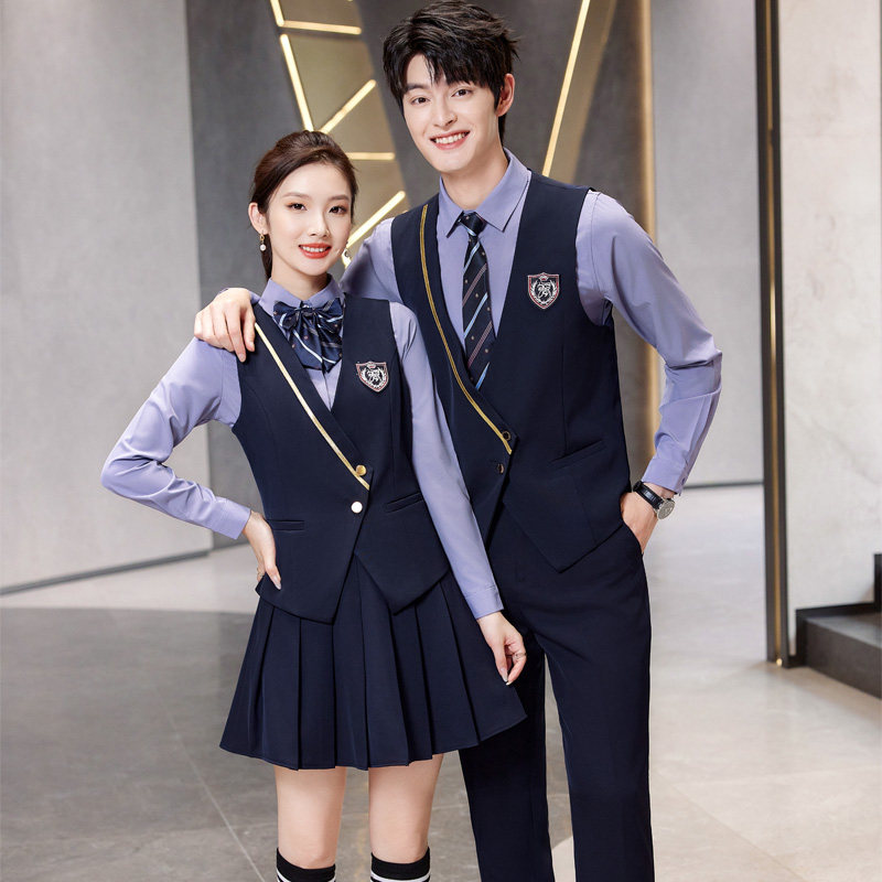 学院风酒店前台职业马甲套装男女台球服务员工作装深蓝色电竞制服