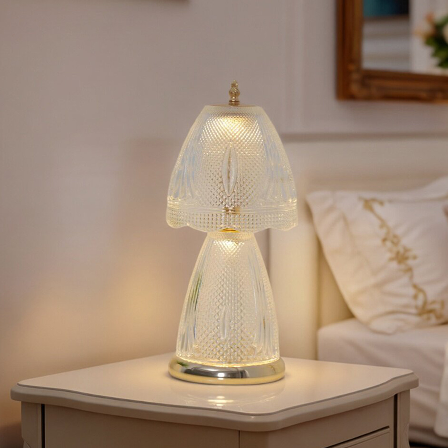 奶油风法欧式水晶玻璃卧室床头灯轻奢生日小夜灯触摸调光充电台灯