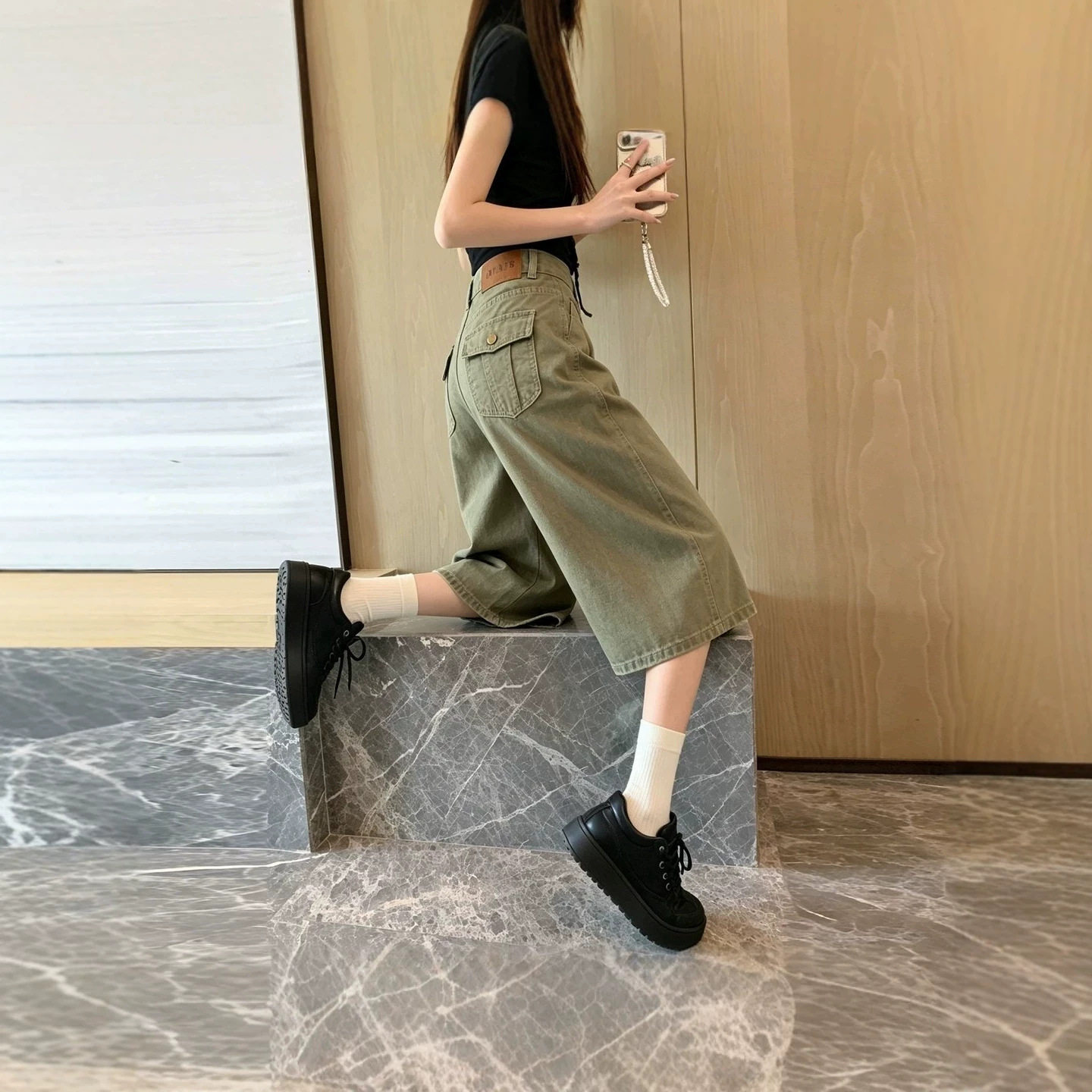 军绿色七分裤牛仔短裤女夏季薄款2026新款低腰直筒阔腿七分中裤