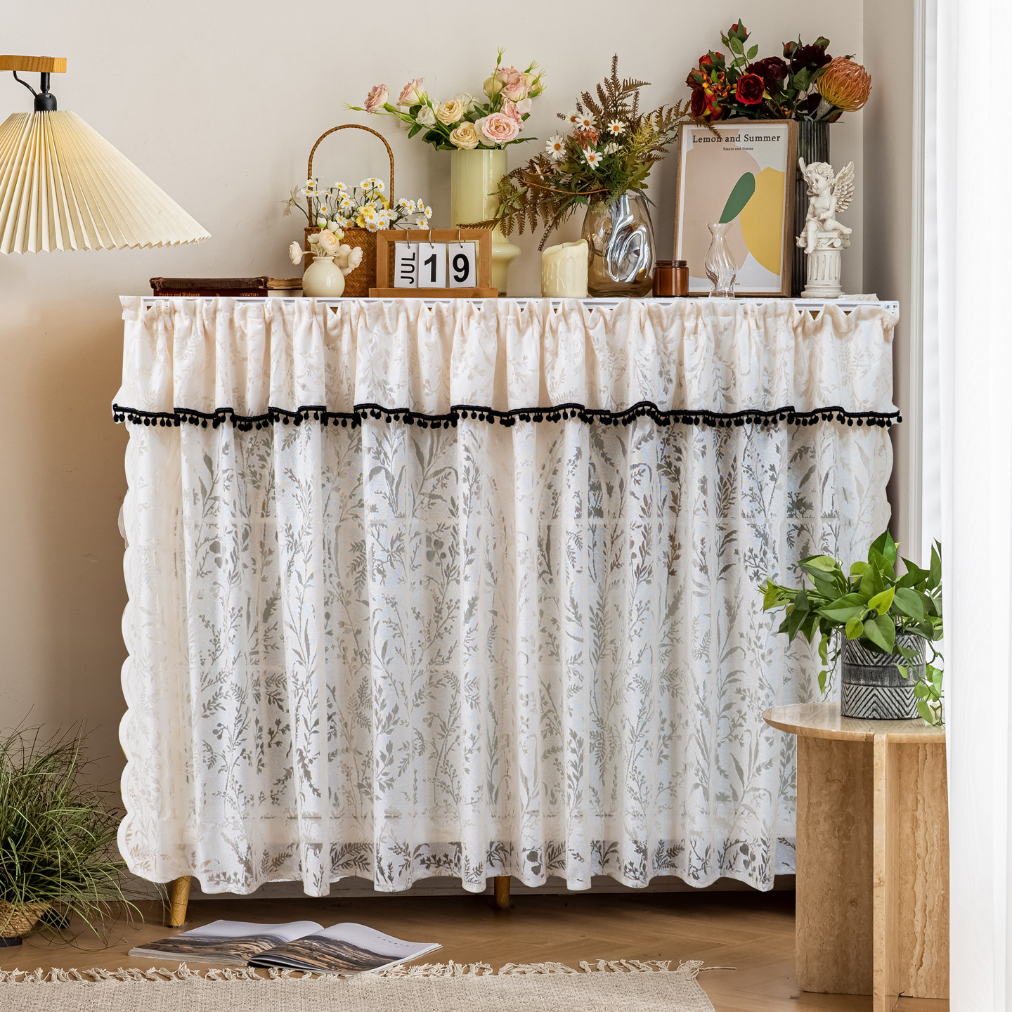 蕾丝遮挡帘粘轨柜子免打孔衣柜鞋柜书架置物架防尘纱帘杂物遮丑帘,居家布艺,门帘,淘宝优惠券,粉丝福利购,淘宝优惠卷