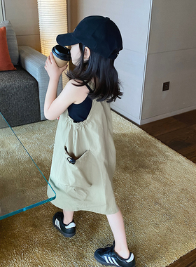 YUSONG◆2025夏季新款女儿童装军绿色时髦洋气工装背带裙连衣裙