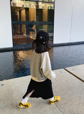 YUSONG◆2025春秋装女儿男童装条纹拼接撞色韩版休闲卫衣圆领上衣