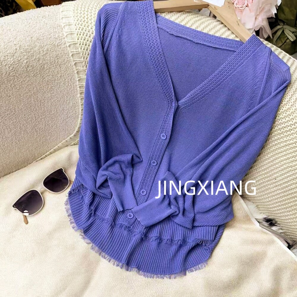 AOSER松弛感V领流苏针织开衫女紫色纽扣毛衣外套针织629