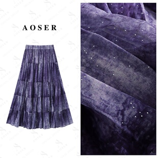 AOSER时尚 波点半身裙印花女8812 印染高腰气质百搭紫色系裙子时尚