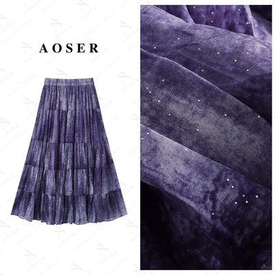 AOSER紫色高腰波点印花半身裙