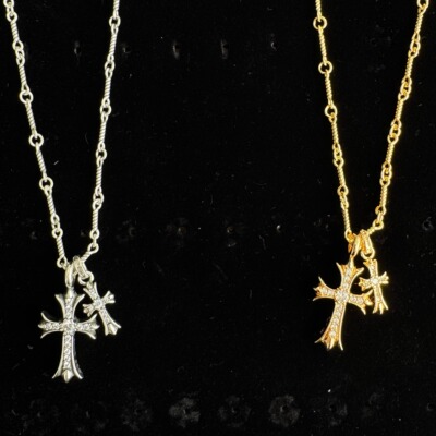 22k金色双十字项链秋冬气质款项链毛衣链