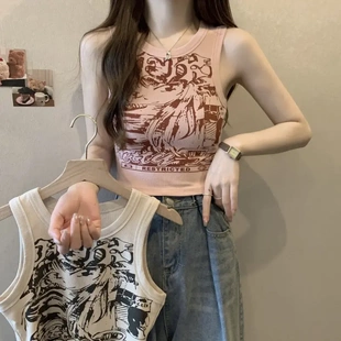 上衣 美式 辣妹粉色工字吊带背心女夏遮副乳宽肩带无袖 短款 修身