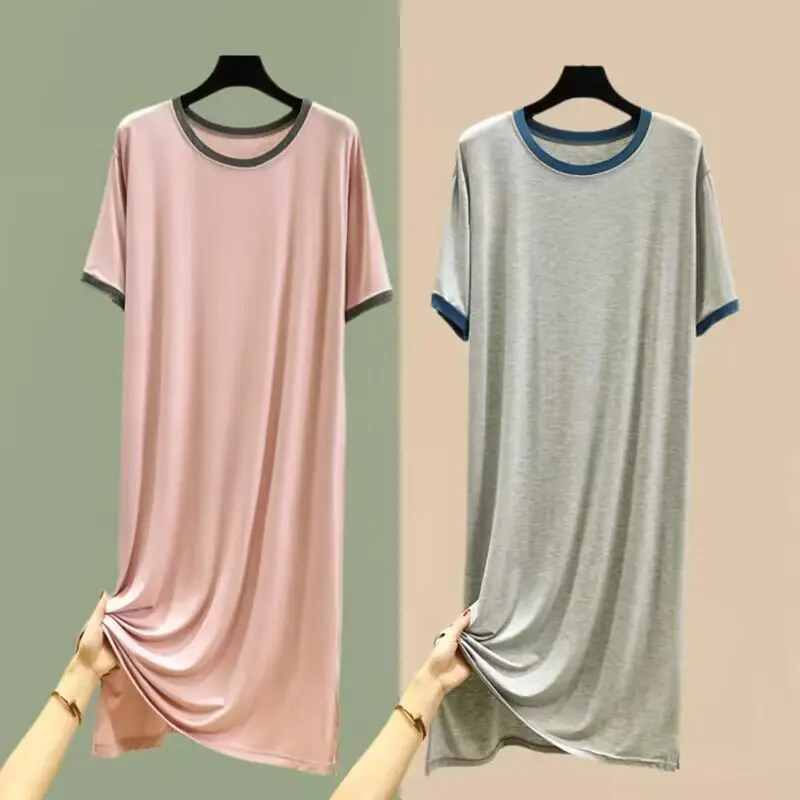女外穿短袖连衣裙夏季大码宽松薄款睡裙家居服百搭打底长裙