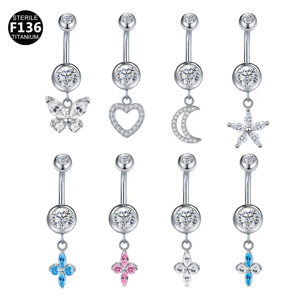 F136钛合金肚脐钉肚脐环Belly Piercing穿刺穿孔蝴蝶月亮桃心吊坠