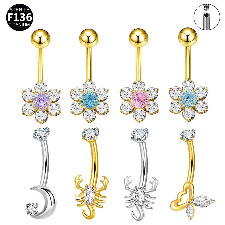 F136钛合金蝴蝶蝎子烟花锆肚脐钉肚脐环花朵锆石肚脐扣穿刺饰品