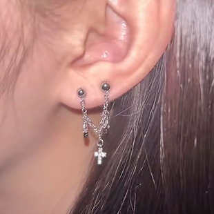 新款双耳洞链条吊坠耳骨钉医用钛钢不过敏气质耳钉耳环穿刺耳饰品