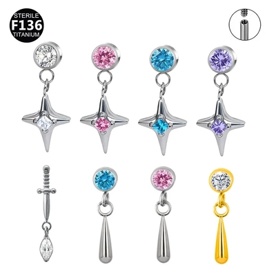 F136钛合金flat内螺纹替换头吊坠闪钻耳钉唇钉耳骨钉个性穿刺饰品