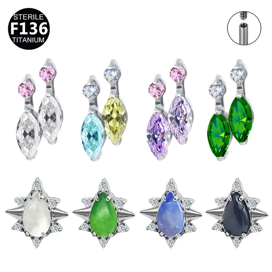 F136钛合金水滴形天然石微镶十字星内螺纹耳骨钉唇钉耳蜗钉耳屏钉