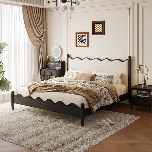 复古风白蜡木涟漪实木软包床