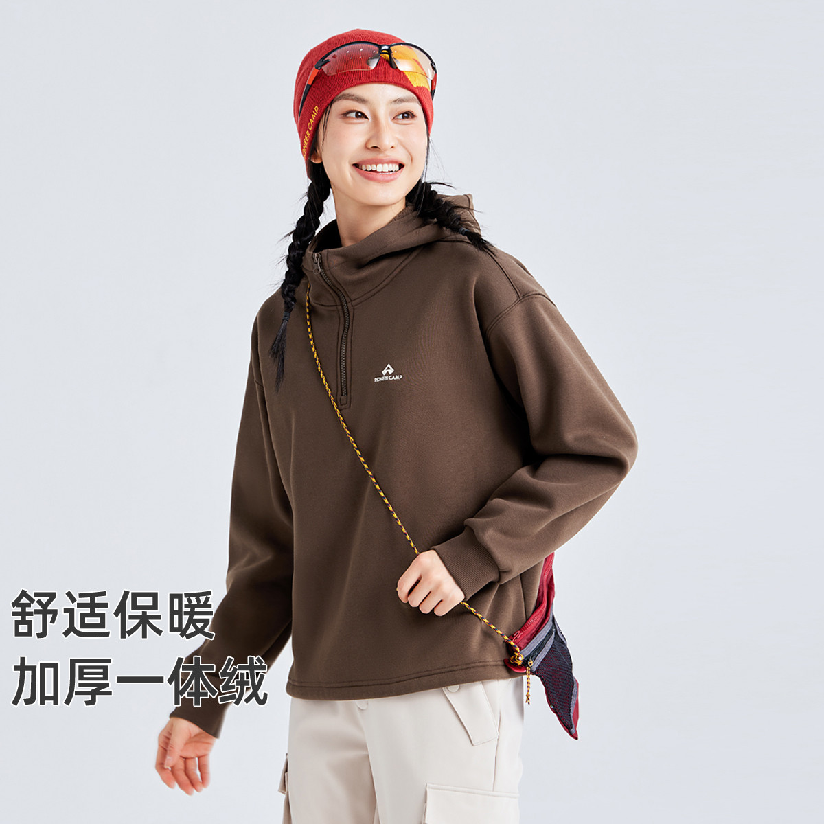 拓路者加绒连帽卫衣女25年秋冬半开襟学院风套头上衣长袖加厚外套