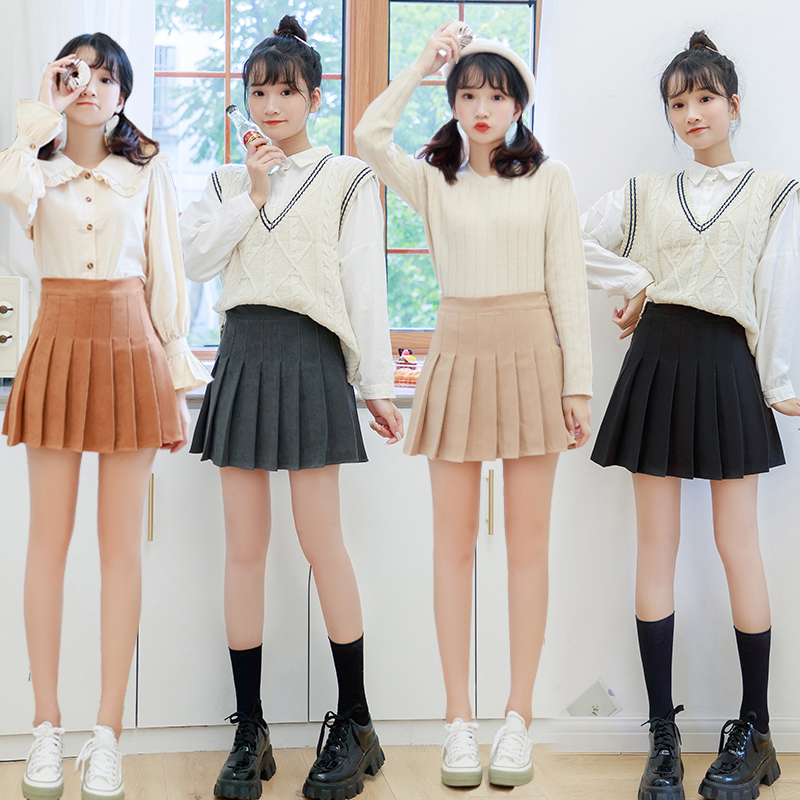 春秋冬装年新款格子毛呢半身裙子高腰百褶短裙女显瘦a字裙裤