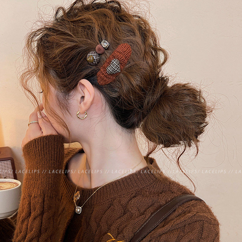 格纹爱心圆球针织发夹女2025新款