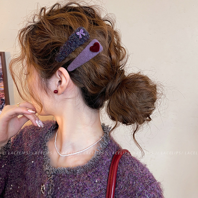 芋泥奶雾~爱心蝴蝶结毛绒发夹女