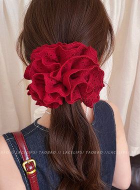高版本！易梦玲同款红色蕾丝花边大肠发圈女扎丸子头发绳皮筋头饰