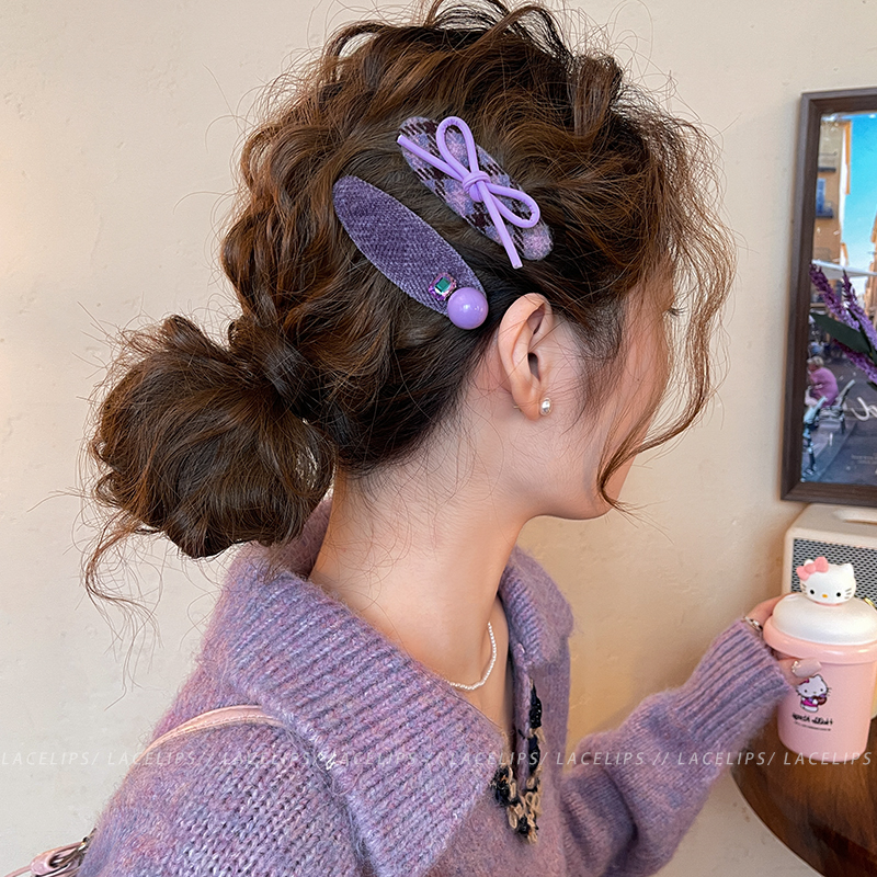 紫雾熏幽~毛呢格纹蝴蝶结发夹女