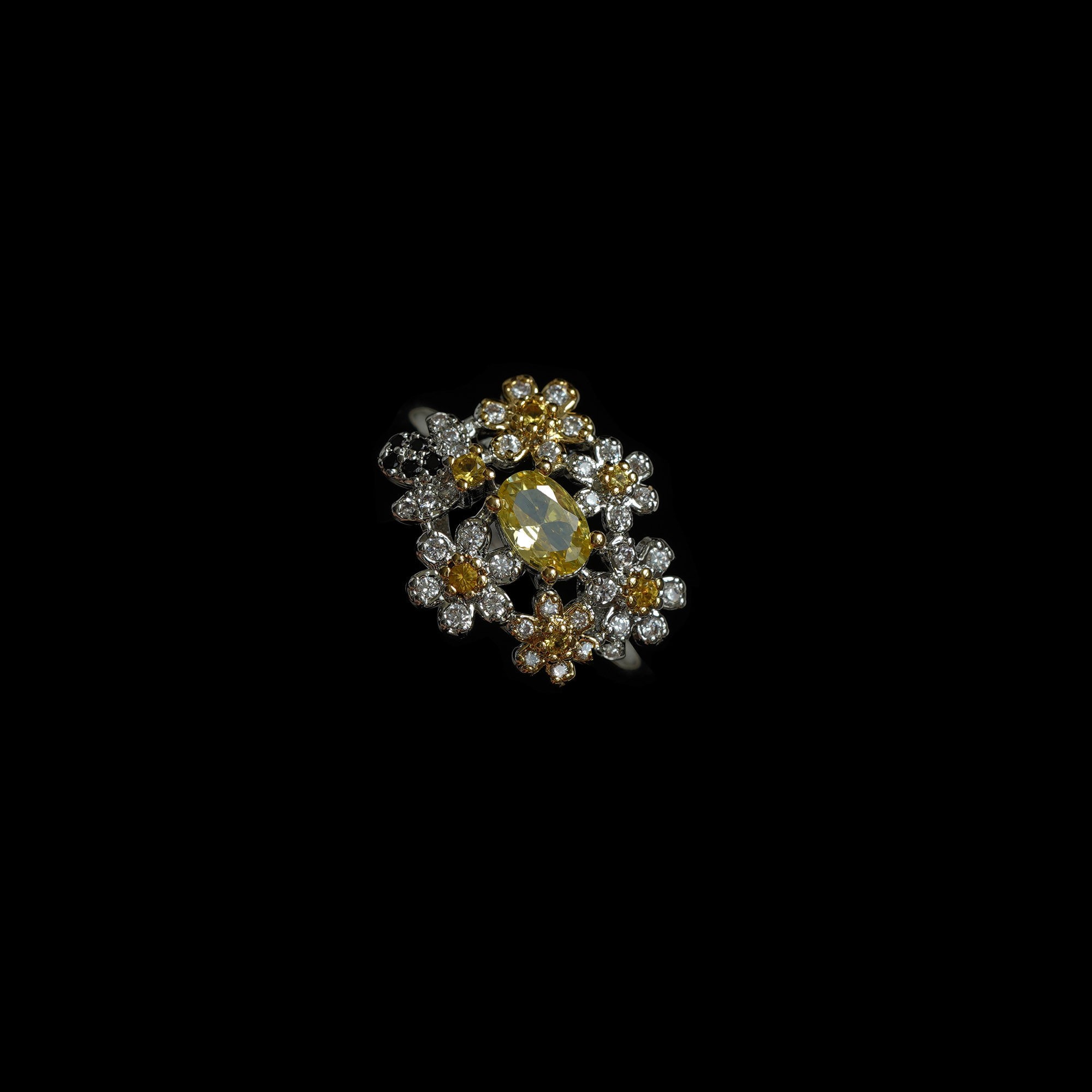 Vintage古着Floral Rhinestone Ring复古银色戒指