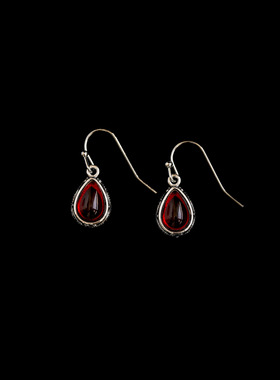 Vintage古着Burgundy Red Stone耳环复古银色耳饰