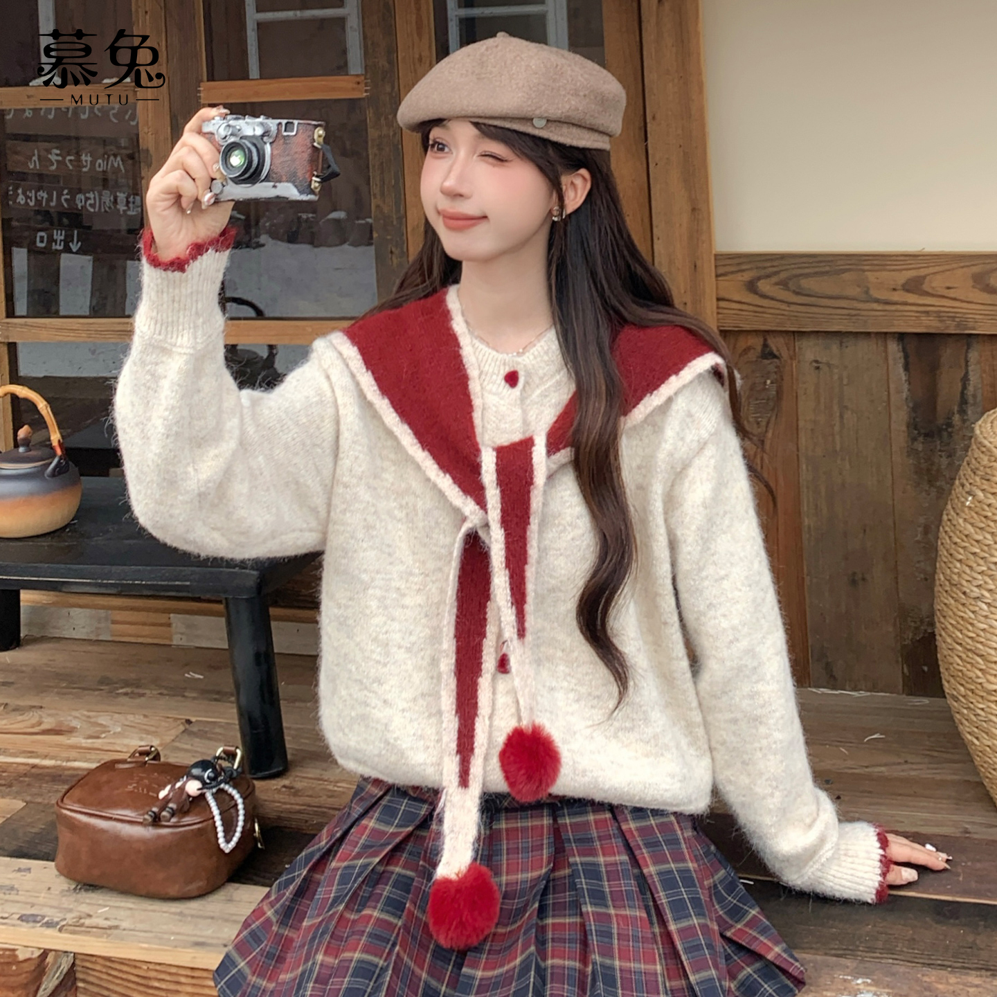 慕兔带披肩针织开衫两件套