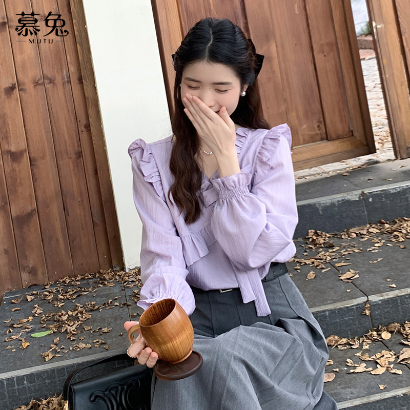 慕兔高级感V领长袖衬衫