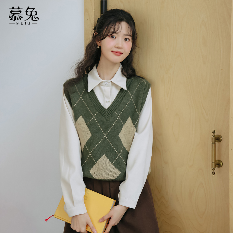慕兔学院风衬衫针织背心两件套