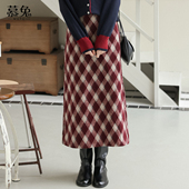 小个子高腰a字中长款 慕兔复古红色格子半身裙女2026春季 新款 裙子