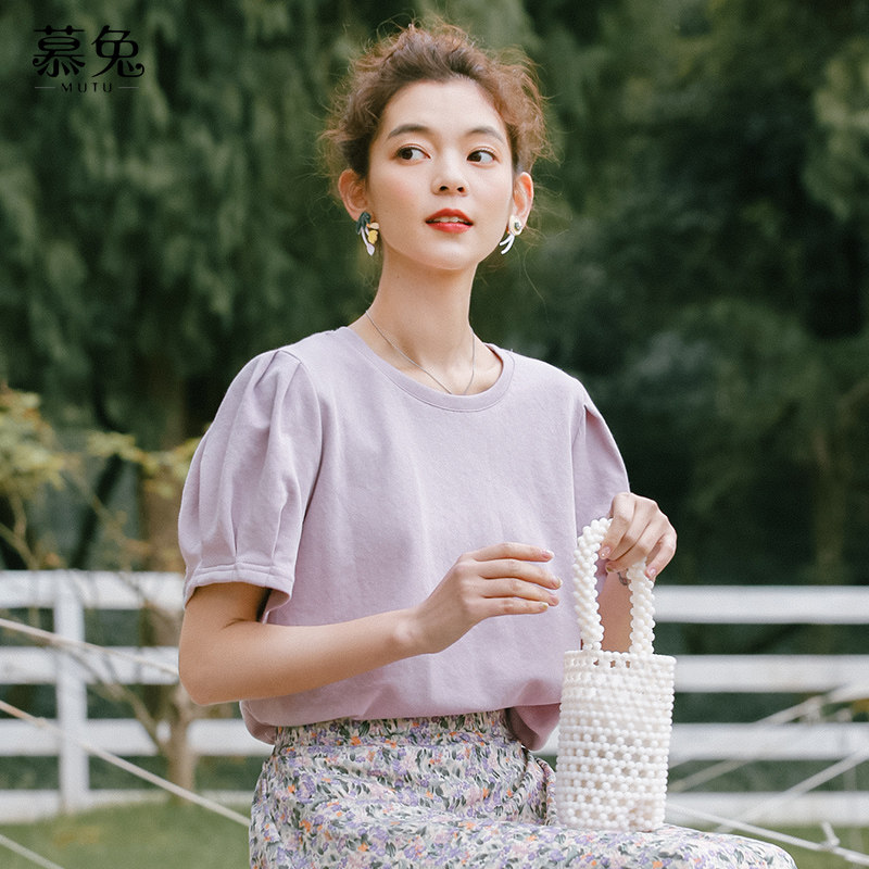 慕兔chic紫色泡泡袖短袖t恤女2025夏新款设计感小众甜美上衣纯棉,女装/女士精品,T恤,淘宝优惠券,粉丝福利购,淘宝优惠卷