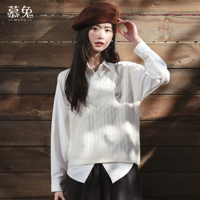 慕兔马甲背心叠穿衬衫套装